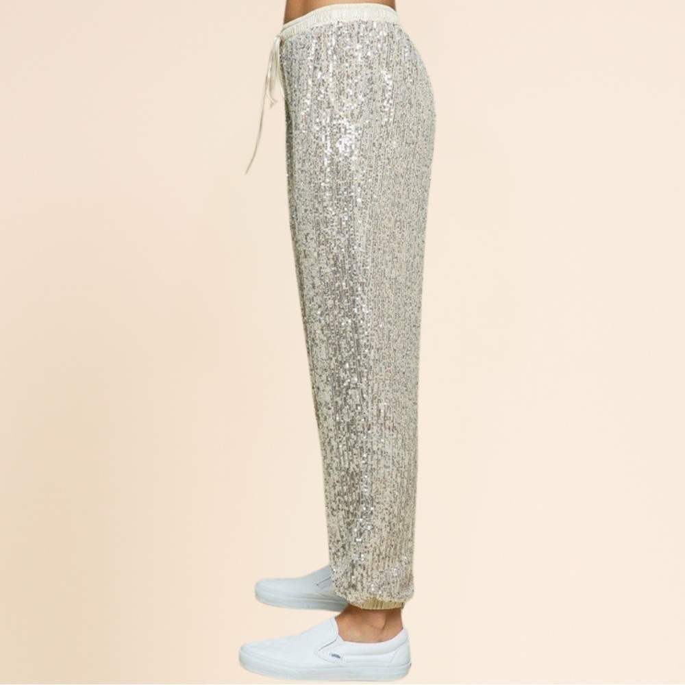 Elegant Sequin Jogger Pants - Beige - Picture 4 of 8